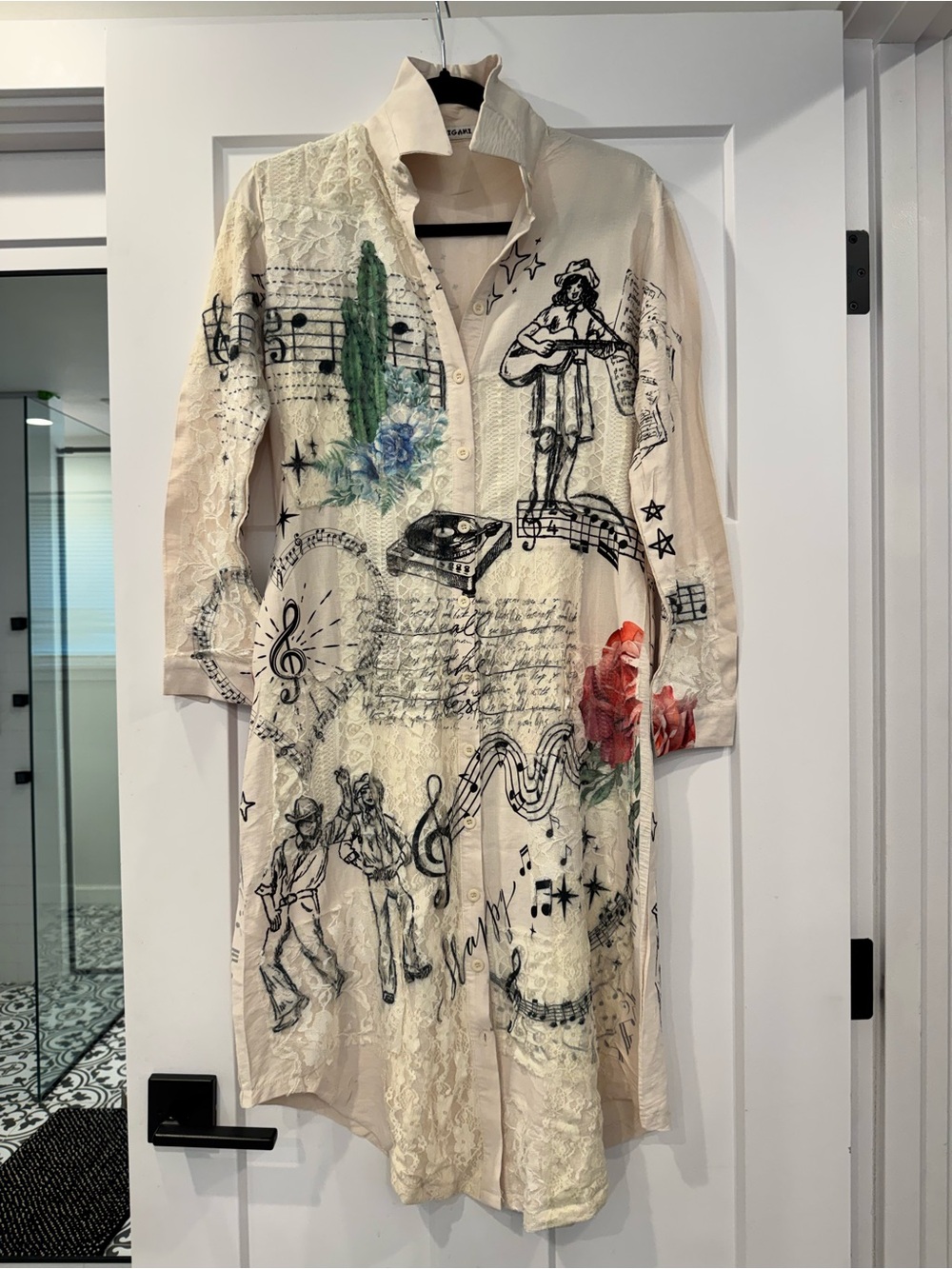 NWOT - Origami Victorian Lace Musical Print Long Duster Shirt Jacket